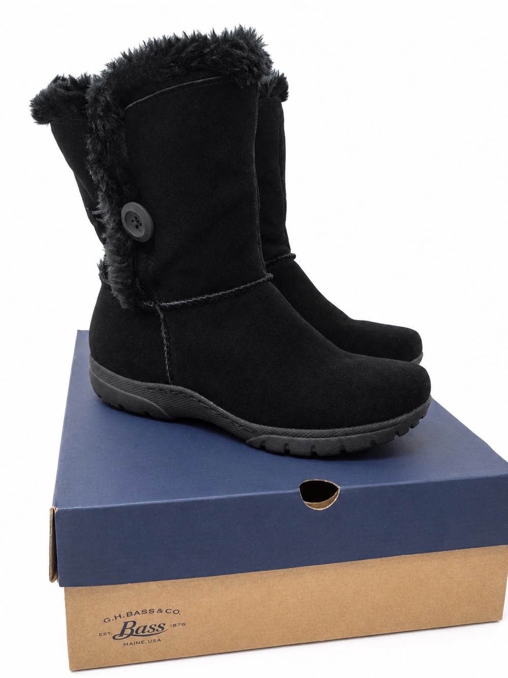 Bass & Co. Women's Black Faux Suede Faux Fur Button Mid-Calf Boots Size 7 NWT